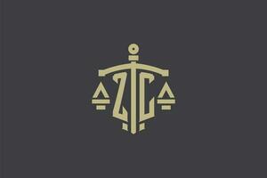 letra zc logo para ley oficina y abogado con creativo escala y espada icono diseño vector