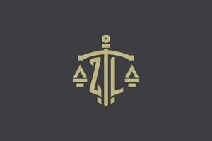 letra zl logo para ley oficina y abogado con creativo escala y espada icono diseño vector