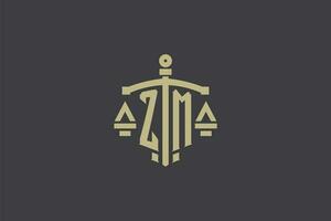 Letter ZM logo for law office and attorney with creative scale and sword icon design vector