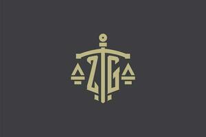 Letter ZG logo for law office and attorney with creative scale and sword icon design vector