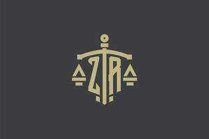 Letter ZR logo for law office and attorney with creative scale and sword icon design vector