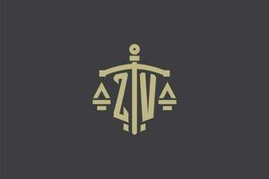 letra zv logo para ley oficina y abogado con creativo escala y espada icono diseño vector