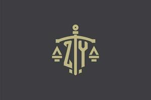 Letter ZY logo for law office and attorney with creative scale and sword icon design vector