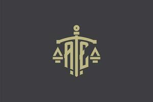 Letter AE logo for law office and attorney with creative scale and sword icon design vector