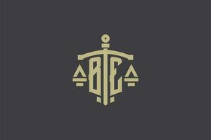 Letter BE logo for law office and attorney with creative scale and sword icon design vector