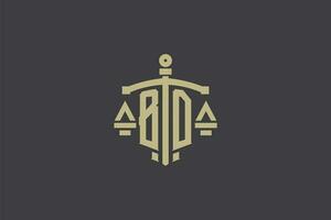 letra bd logo para ley oficina y abogado con creativo escala y espada icono diseño vector