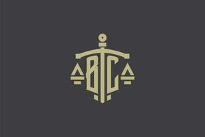 Letter BC logo for law office and attorney with creative scale and sword icon design vector