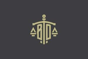 letra bo logo para ley oficina y abogado con creativo escala y espada icono diseño vector