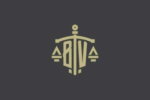 Letter BV logo for law office and attorney with creative scale and sword icon design vector