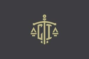 letra ci logo para ley oficina y abogado con creativo escala y espada icono diseño vector