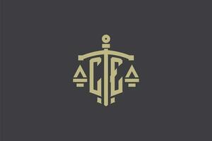 Letter CE logo for law office and attorney with creative scale and sword icon design vector