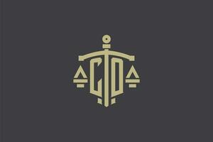 Letter CO logo for law office and attorney with creative scale and sword icon design vector