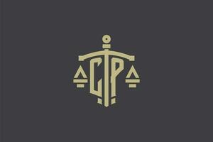 letra cp logo para ley oficina y abogado con creativo escala y espada icono diseño vector