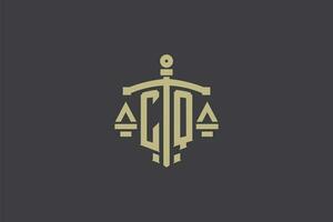 letra cq logo para ley oficina y abogado con creativo escala y espada icono diseño vector