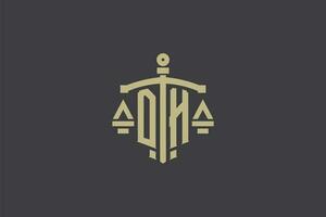 letra dh logo para ley oficina y abogado con creativo escala y espada icono diseño vector