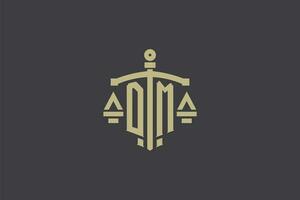 Letter DM logo for law office and attorney with creative scale and sword icon design vector
