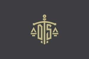 letra ds logo para ley oficina y abogado con creativo escala y espada icono diseño vector