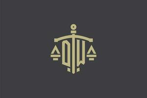 Letter DW logo for law office and attorney with creative scale and sword icon design vector