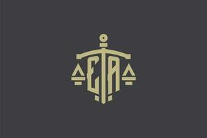 Letter EA logo for law office and attorney with creative scale and sword icon design vector