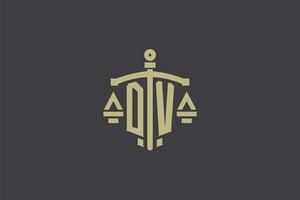letra dv logo para ley oficina y abogado con creativo escala y espada icono diseño vector