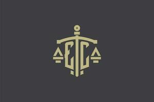 letra CE logo para ley oficina y abogado con creativo escala y espada icono diseño vector