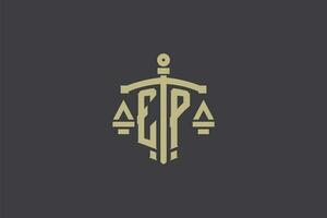 letra ep logo para ley oficina y abogado con creativo escala y espada icono diseño vector
