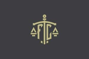 Letter FC logo for law office and attorney with creative scale and sword icon design vector