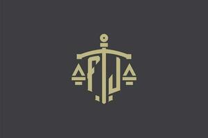letra fj logo para ley oficina y abogado con creativo escala y espada icono diseño vector