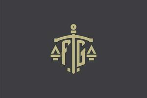 Letter FG logo for law office and attorney with creative scale and sword icon design vector