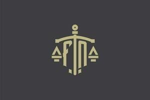 Letter FN logo for law office and attorney with creative scale and sword icon design vector