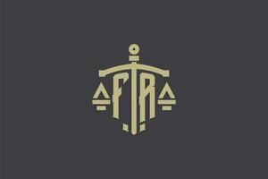 letra fr logo para ley oficina y abogado con creativo escala y espada icono diseño vector