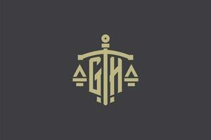 Letter GH logo for law office and attorney with creative scale and sword icon design vector