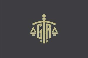 Letter GR logo for law office and attorney with creative scale and sword icon design vector