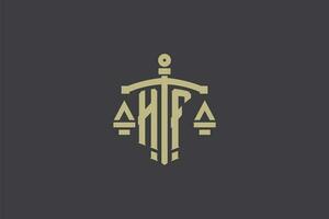Letter HF logo for law office and attorney with creative scale and sword icon design vector