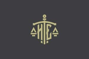 Letter HE logo for law office and attorney with creative scale and sword icon design vector