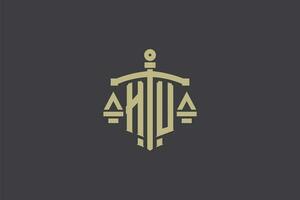 Letter HU logo for law office and attorney with creative scale and sword icon design vector