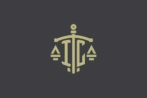 Letter IC logo for law office and attorney with creative scale and sword icon design vector