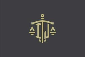 letra ij logo para ley oficina y abogado con creativo escala y espada icono diseño vector