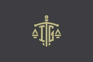 Letter IG logo for law office and attorney with creative scale and sword icon design vector
