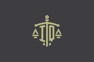 Letter IQ logo for law office and attorney with creative scale and sword icon design vector