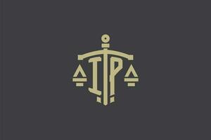 Letter IP logo for law office and attorney with creative scale and sword icon design vector