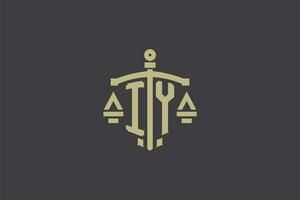 Letter IY logo for law office and attorney with creative scale and sword icon design vector