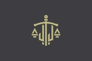Letter JJ logo for law office and attorney with creative scale and sword icon design vector