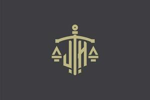 Letter JH logo for law office and attorney with creative scale and sword icon design vector