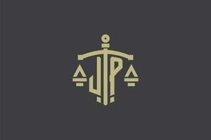 Letter JP logo for law office and attorney with creative scale and sword icon design vector