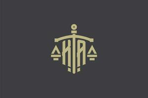 letra ka logo para ley oficina y abogado con creativo escala y espada icono diseño vector