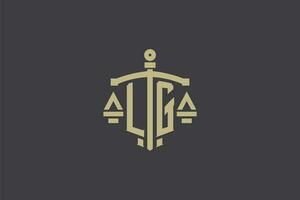 letra lg logo para ley oficina y abogado con creativo escala y espada icono diseño vector