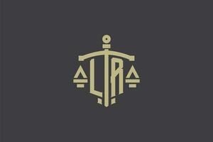 Letter LR logo for law office and attorney with creative scale and sword icon design vector