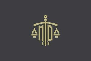 Letter MD logo for law office and attorney with creative scale and sword icon design vector