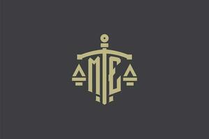 Letter ME logo for law office and attorney with creative scale and sword icon design vector